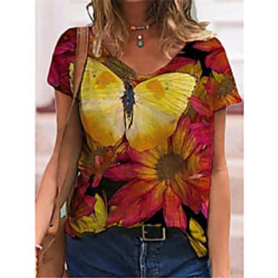 Women's Butterfly 3D Printed T shirt Floral Butterfly V Neck Basic Tops Rainbow Lightinthebox