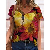 Women's Butterfly 3D Printed T shirt Floral Butterfly V Neck Basic Tops Rainbow Lightinthebox - thumbnail