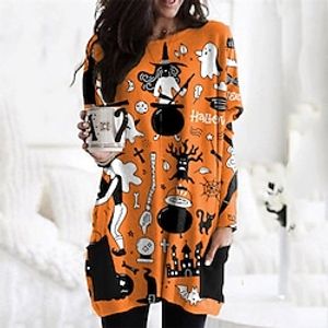 Women's Sweatshirt Dress Winter Dress  Light Yellow Black Purple Yellow Orange White Long Sleeve Cat Pocket Print Winter Fall Crew Neck Stylish Casual Fall Dress Loose Fit 2022 S M L XL 2XL Lightinthebox