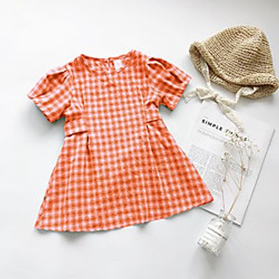 [90-130cm] girls round neck puff sleeve small fresh plaid dress Lightinthebox