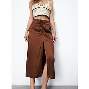 Women's Skirt Work Skirts Midi Polyester Brown Skirts Ruched Drawstring Split Fashion Office  Career Daily S M L Lightinthebox