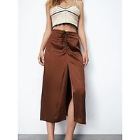 Women's Skirt Work Skirts Midi Polyester Brown Skirts Ruched Drawstring Split Fashion Office  Career Daily S M L Lightinthebox - thumbnail