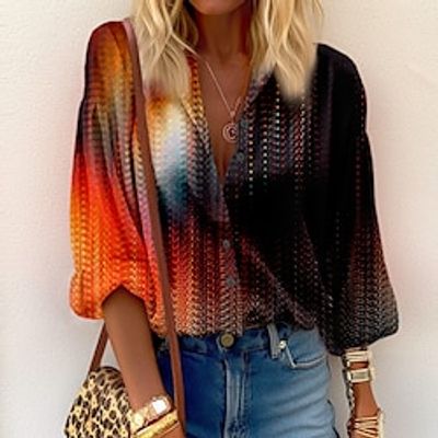 Women's Shirt Blouse Color Gradient Pink Red Blue Print Button Long Sleeve Casual Fashion Standing Collar Regular Fit Spring   Fall Lightinthebox