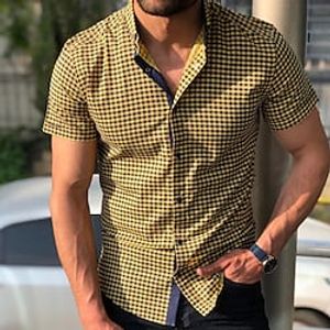 Men's Shirt Button Up Shirt Casual Shirt Yellow Short Sleeve Plaid  Check Turndown Street Daily Clothing Apparel Fashion Casual Comfortable Lightinthebox