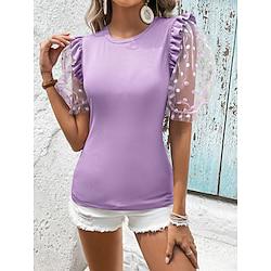 Shirt Blouse Women's Black Purple Plain Mesh Patchwork Street Daily Fashion Round Neck Regular Fit S Lightinthebox