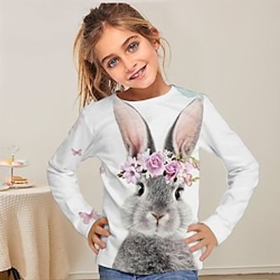Girls' T shirt Long Sleeve T shirt Tee Floral Rabbit Bunny 3D Print Active Fashion Cute Polyester Outdoor Casual Daily Kids Crewneck 3-12 Years 3D Printed Graphic Regular Fit Shirt miniinthebox