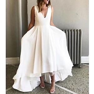 Beach Little White Dresses Wedding Dresses A-Line V Neck Sleeveless Asymmetrical Chiffon Bridal Gowns With Pleats 2023 Lightinthebox
