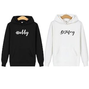 Couple's Hoodie Sweatshirt Pullover Letter Valentine's Day Active Sportswear Print Drawstring Front Pocket Black White Dark Gray Casual Sports Hooded Long Sleeve Top Micro-elastic Spring   Fall Lightinthebox