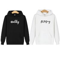 Couple's Hoodie Sweatshirt Pullover Letter Valentine's Day Active Sportswear Print Drawstring Front Pocket Black White Dark Gray Casual Sports Hooded Long Sleeve Top Micro-elastic Spring   Fall Lightinthebox - thumbnail