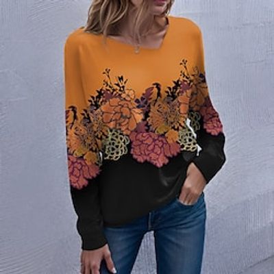 Women's T shirt Tee Floral Pink Blue Orange Print Long Sleeve Casual Holiday Fashion V Neck Regular Fit Spring   Fall Lightinthebox