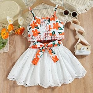 2 Pieces Kids Girls' Floral Dress Suits Set Sleeveless Adorable Performance 3-7 Years Summer Orange Lightinthebox