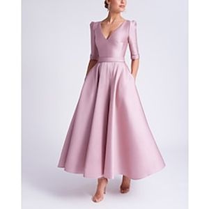 A-Line Cocktail Dresses Elegant Dress Formal Wedding Guest Tea Length Half Sleeve V Neck Satin with Pocket 2024 Lightinthebox