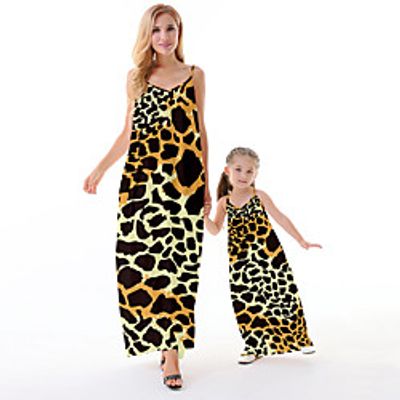 Mommy and Me Dresses Graphic Color Block Leopard Daily Print Green Gray Yellow Sleeveless Maxi Strap Dress 3D Print Casual Matching Outfits  Summer Lightinthebox