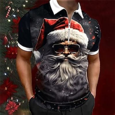 Santa Claus Men's Casual Print 3D Zip Polo Golf Polo Outdoor Daily Wear Streetwear Christmas Polyester Short Sleeve Turndown Zip Polo Shirts Black Blue Autumn / Fall S M L Micro-elastic Lapel Polo miniinthebox