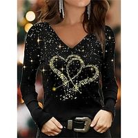Women's T shirt Tee Heart Black Print Long Sleeve Valentine Weekend Fashion V Neck Regular Fit Spring   Fall Lightinthebox - thumbnail