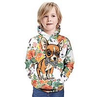 Kids Boys' Hoodie  Sweatshirt Long Sleeve Dog 3D Print Floral Animal Print White Children Tops Summer Active Daily Wear Regular Fit 3-13 Years miniinthebox - thumbnail