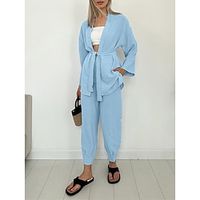 Women's Pajamas Sets Baby Blue Robe Sets Pure Color Casual Comfort Home Christmas Bed Spandex Breathable V Wire Long Sleeve Cardigan Pant Pocket Fall Winter Blue Khaki Lightinthebox - thumbnail