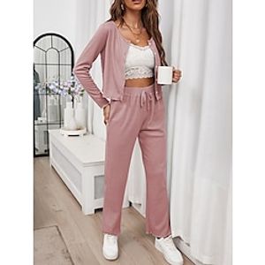 Women's Lounge Sets Long Sleeve Cardigan and Elastic Waist Pants Pure Color Fashion Casual Soft Home Daily Bed Polyester Breathable Summer Fall Pink Blue Lightinthebox