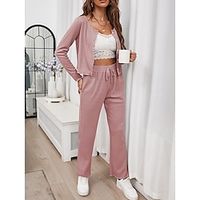 Women's Lounge Sets Long Sleeve Cardigan and Elastic Waist Pants Pure Color Fashion Casual Soft Home Daily Bed Polyester Breathable Summer Fall Pink Blue Lightinthebox - thumbnail