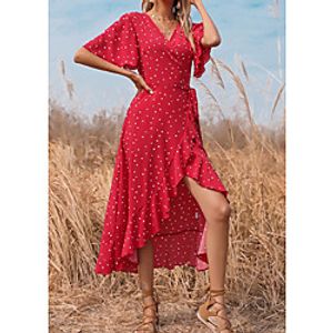 Women's A Line Dress Midi Dress Red Half Sleeve Polka Dot Fall Summer V Neck Elegant Casual 2021 XS S M L miniinthebox