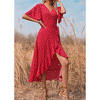 Women's A Line Dress Midi Dress Red Half Sleeve Polka Dot Fall Summer V Neck Elegant Casual 2021 XS S M L miniinthebox - thumbnail