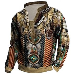 Men's Unisex Sweatshirt Pullover Button Up Hoodie Brown Standing Collar Tribal Graphic Prints Print Casual Daily Sports 3D Print Boho Streetwear Designer Spring   Fall Clothing Apparel Hoodies miniinthebox