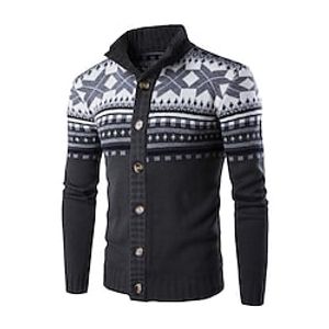 Men's Cardigan Sweater Jumper Ribbed Knit Knitted Button Geometric Stand Collar Basic Casual Daily Holiday Fall Winter White Black M L XL / Long Sleeve miniinthebox