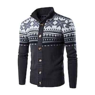 Men's Cardigan Sweater Jumper Ribbed Knit Knitted Button Geometric Stand Collar Basic Casual Daily Holiday Fall Winter White Black M L XL / Long Sleeve miniinthebox