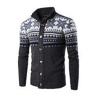 Men's Cardigan Sweater Jumper Ribbed Knit Knitted Button Geometric Stand Collar Basic Casual Daily Holiday Fall Winter White Black M L XL / Long Sleeve miniinthebox - thumbnail