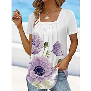 Women's T shirt Tee White Blue Purple Floral Print Short Sleeve Holiday Weekend Basic Square Neck Regular Floral Painting S Lightinthebox