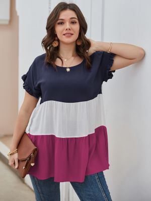 Plus Size Crew Neck Patchwork Lettuce-edge Short Sleeves Blouse Plus Size Crew Neck Patchwork Lettuce-edge Short Sleeves Blouse