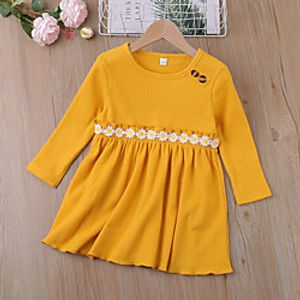 Toddler Little Girls' Dress Solid Colored Daisy Daily Pleated Patchwork Yellow Above Knee Long Sleeve Basic Cute Dresses Children's Day Fall Spring Regular Fit 2-8 Years Lightinthebox