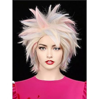 12 Inch Short Gold Blonde Mixed with Pink Blue Women's Heat Resistant Synthetic Straight Hair Wig with Shell for Halloween Daily Party Use Wigs Christmas Party Wigs Lightinthebox