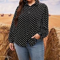 Women's Plus Size Tops Blouse Shirt Polka Dot Print Long Sleeve Shirt Collar Casual Daily Going out Polyester Fall Winter Black Lightinthebox - thumbnail