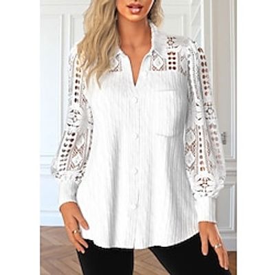 Women's Shirt Blouse Plain White Lace Button Pocket Long Sleeve Casual Fashion Shirt Collar Regular Fit Spring   Fall Lightinthebox