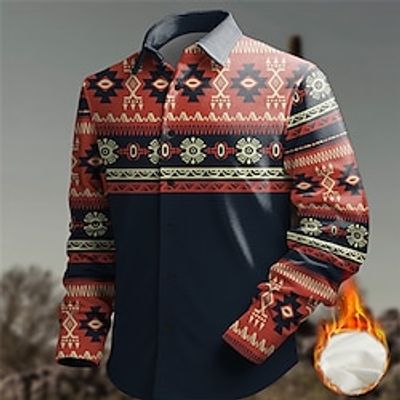 Geometry Ethnic Vintage Tribal Men's Shirt Fleece Shirt Daily Wear Vacation Going out Fall  Winter Turndown Long Sleeve Red, Gray S, M, L Fleece Shirt Lightinthebox