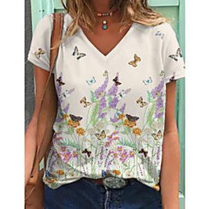Women's Floral Theme T shirt Floral Butterfly Print V Neck Tops Basic Basic Top White Lightinthebox