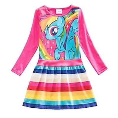 Girls' Long Sleeve Animal Cartoon 3D Printed Graphic Dresses Basic Sweet Knee-length Cotton Dress Horse Rose Kids Regular Fit Loose Fit Print miniinthebox