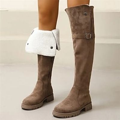Women's Boots Suede Shoes Heel Boots Outdoor Daily Fleece Lined Over The Knee Boots Knee High Boots Rivet Flat Heel Pointed Toe Vintage Elegant Plush Faux Suede Zipper Solid Color Black Khaki Lightinthebox