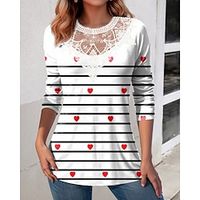 Women's Shirt Blouse Floral Heart Striped White Pink Red Print Lace Patchwork Long Sleeve Casual Going out Fashion Round Neck Regular Fit Spring   Fall Lightinthebox - thumbnail