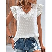 Women's Lace Shirt Shirt Blouse Cotton Plain Casual Ruffle Sleeve White Lace Ruffle Patchwork Short Sleeve Fashion Modern V Neck Regular Fit Summer Lightinthebox - thumbnail