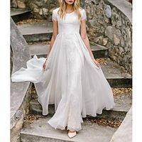 Beach Wedding Dresses Sheath  Column Scoop Neck Short Sleeve Floor Length Chiffon Bridal Gowns With Pleats 2023 Lightinthebox - thumbnail