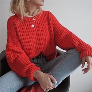 Women's Pullover Sweater jumper Jumper Ribbed Knit Knitted Pure Color Crew Neck Stylish Casual Outdoor Daily Winter Fall Khaki Red S M L / Long Sleeve / Holiday / Regular Fit / Going out miniinthebox