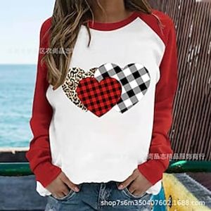 Women's T shirt Tee White Pink Wine Color Block Heart Patchwork Print Long Sleeve Valentine Basic Round Neck Regular S miniinthebox