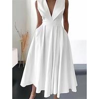 Women's White Dress Swing Dress A Line Dress Midi Dress Pocket Vacation Elegant Streetwear V Neck Sleeveless White Color Lightinthebox