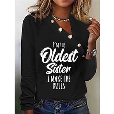 Women's Shirt Blouse Black White Dark Gray Letter Button Print Long Sleeve Casual Daily Basic V Neck Regular S Lightinthebox