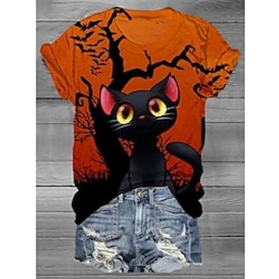 Women's T shirt Tee Halloween Shirt White Yellow Navy Blue Cat Pumpkin Print Short Sleeve Halloween Weekend Festival / Holiday Round Neck Regular Fit Cat Painting Summer miniinthebox