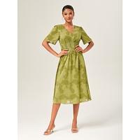 Women's Elegant Dress Green Short Sleeve Jacquard Jacquard Spring Summer V Neck Elegant Dress Vacation Date S M L