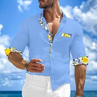 Men's Shirt Linen Shirt Summer Shirt Beach Shirt Summer Hawaiian Shirt White Blue Green Long Sleeve Solid Color Fold-over Collar Spring Summer Street Daily Clothing Apparel Patchwork Lightinthebox