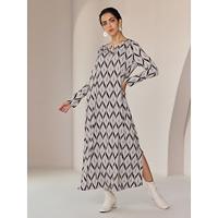 Satin Print Geometric Graphic Loose Leisure Maxi Dress - thumbnail